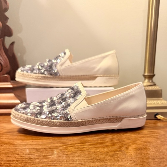 Tod's Cream Leather Silver Sequin Embellished Espadrille Loafers Size 37/7 - Picture 4 of 15